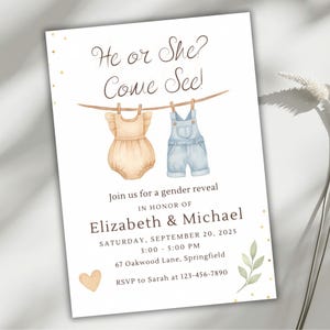 Invitation lui ou elle, modèle de révélation de sexe modifiable, invitation de vêtements de bébé, fête de genre neutre, impression sur toile, téléchargement numérique