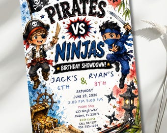 Sibling Birthday Invitation, Editable Boys' Joint Birthday Party Invite, Pirates Ninjas Birthday Canva 5x7 Template
