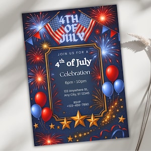 Invitation du 4 juillet, modèle de toile modifiable, invitation à une fête patriotique, feux d'artifice d'or 4 juillet carte Evite, célébration barbecue USA téléchargement