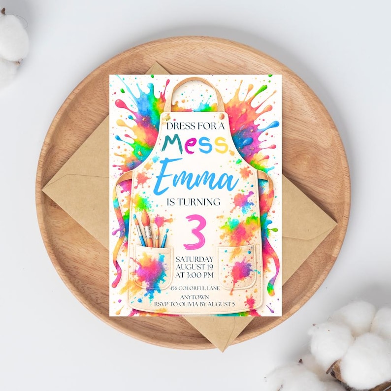 Puede incluir: Una invitaci&oacute;n de cumplea&ntilde;os con un dise&ntilde;o de delantal de acuarela y salpicaduras de pintura coloridas. La invitaci&oacute;n dice "Dress for a Mess Emma is turning 3" con detalles del evento. La invitaci&oacute;n est&aacute; en un plato de madera con un sobre.