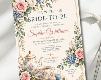 Tea Party Invitations, Tea With the Bride to Be Invite, Elegant Bridal Shower Invitation, Editable 5x7 Canva Afternoon Tea Template