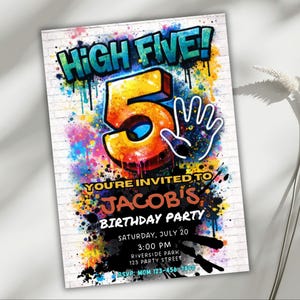 High Five Birthday Invitation | 5th Birthday Invite | Spray Paint Party Invitation | Hip Hop Birthday | Cool Boy Birthday Canva Template
