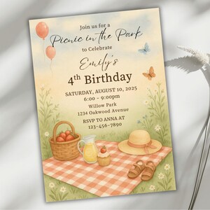Convite de aniversário para piquenique, convite editável para festa no parque, modelo de aniversário para piquenique de verão no Canva, cartão de aniversário infantil, convite para meninas de qualquer idade