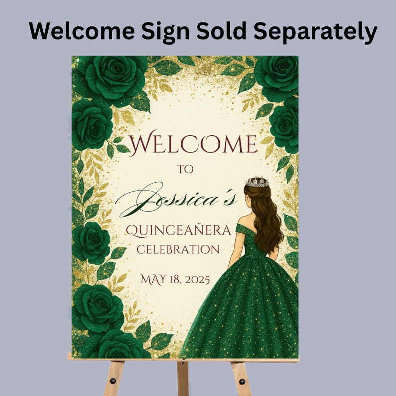 Emerald Green Quinceañera Invitation Template, Printable Gold Glitter 15th Birthday Girl Invite, Mis Quince Editable Canva Digital Download image 8