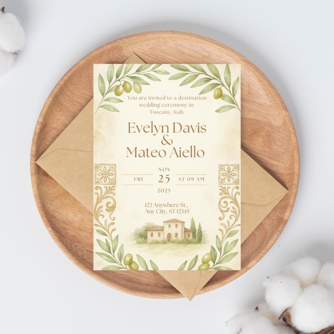 Italy Wedding Editable Invitation, Tuscany Canva Template Evite, Olive ...