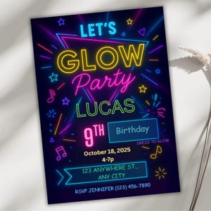 Glow Party Geburtstagseinladung, bearbeitbare Canva Vorlage Evite, Neon Schwarzlicht Party einladen, jedes Alter Digitaler Download, Retro Tanz Thema