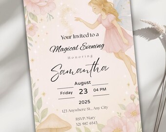 Könnte beinhalten: Eine rosa und grüne Feen-Einladung mit einer Fee in einem rosa Kleid und Flügeln. Die Einladung lautet "Your Invited to a Magical Evening Honoring Samantha August 23 04 PM 2025 123 Anywhere St., Any City RSVP: Mary 321-987-6543"