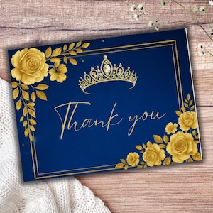 Blauw en goud bedankkaart, afdrukbare Quinceañera Sweet 16, kroon bloemen bewerkbare canvassjabloon, Royal Queen Birthday digitale download
