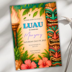 Luau Birthday Invitation, Tropical Hawaiian Editable Invite, Custom Summer Party Canva Template, Instant Download, Fun Birthday Celebration