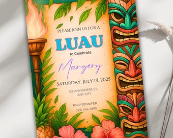 Luau Birthday Invitation, Tropical Hawaiian Editable Invite, Custom Summer Party Canva Template, Instant Download, Fun Birthday Celebration