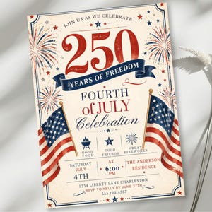 Op de afbeelding: Een uitnodiging voor een viering van de vierde juli in vintage stijl. Het ontwerp bevat de tekst "250 Years of Freedom" en "Fourth of July Celebration" in rood en blauw. Inclusief Amerikaanse vlaggen, vuurwerk en evenementdetails.