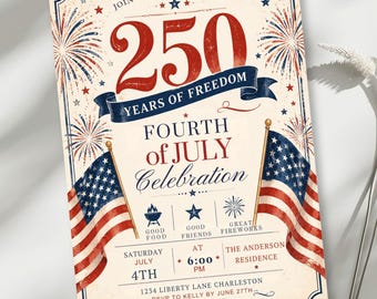 May include: A vintage-style Fourth of July celebration invitation. The design features the text "250 Years of Freedom" and "Fourth of July Celebration" in red and blue. Includes American flags, fireworks, and event details.