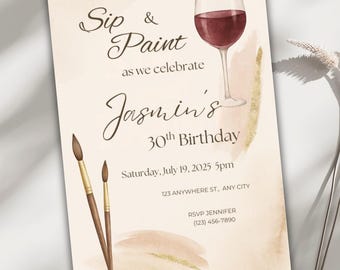 Sip and Paint Editable Invitation, Wine Party Canva Template, Girls Night Art Invite, 5x7 Printable Birthday Evite, Instant Download