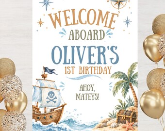 Pirate Birthday Welcome Sign, Watercolor Pirate Ship Party Sign, Editable Canva Template, 3 Sizes