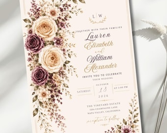 Champagne Plum Wedding Invitation Template, Fall Wedding Invitation, Editable Canva Wedding Invite, Elegant Floral Wedding Invitation