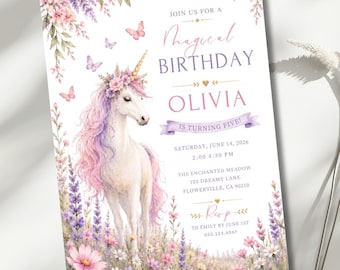 Unicorn Birthday Invitation, Unicorn Party Invite, Editable 5x7 Canva Template, Girls Magical Meadow Card, Floral Unicorn Invite