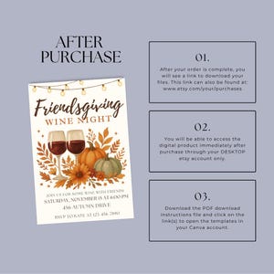 Puede incluir: Una invitaci&oacute;n a Friendsgiving Wine Night con tem&aacute;tica oto&ntilde;al. El dise&ntilde;o presenta dos copas de vino, calabazas y hojas de oto&ntilde;o. La invitaci&oacute;n incluye detalles del evento: s&aacute;bado 15 de noviembre a las 18:00, 456 Autumn Drive y RSVP a Kate.
