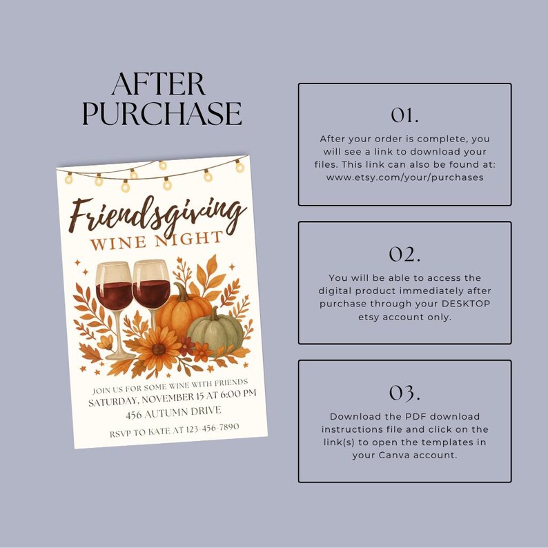 Puede incluir: Una invitaci&oacute;n a Friendsgiving Wine Night con tem&aacute;tica oto&ntilde;al. El dise&ntilde;o presenta dos copas de vino, calabazas y hojas de oto&ntilde;o. La invitaci&oacute;n incluye detalles del evento: s&aacute;bado 15 de noviembre a las 18:00, 456 Autumn Drive y RSVP a Kate.