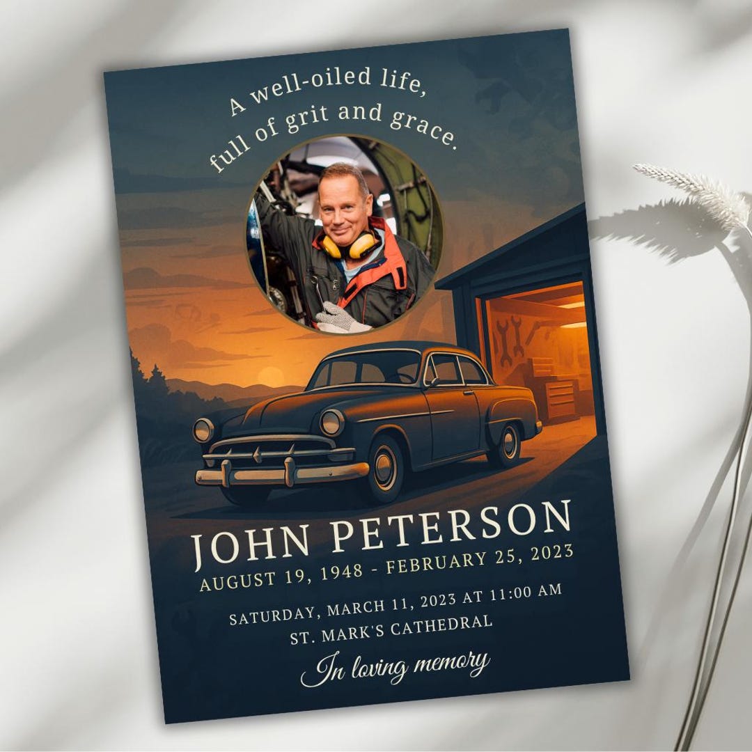 Celebration of Life Invitation for Men, Mechanic Memorial Card
