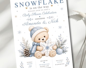 Winter Baby Shower Invitation, Snowflake Baby Shower, Winter Wonderland Baby Shower, Teddy Bear Theme, Editable 5x7 Canva Template