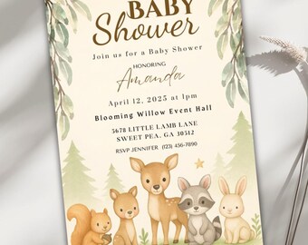 Woodland Baby Shower Invitation, Forest Animals Canva Template Editable Evite, Deer Raccoon Bunny Squirrel Printable Invite Digital Download