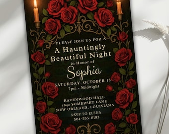Gothic Birthday Invitation Card, Dark Elegant Party Invite, Red Rose & Candlelight, Halloween Gothic Celebration, Canva Template Evite