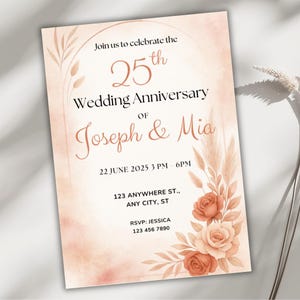 Boho-Hochzeitstagseinladung, Terrakotta-Blumen-Canva-Vorlage, bearbeitbare druckbare Einladung, Dusty Rose Pampasgras, digitaler Download