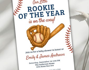 May include: Baby shower invitation with a baseball theme on a white background. The design includes a baseball glove, bat, and ball illustration. Text announces "Our Little Rookie of the Year is on the way!" with event details.