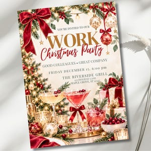 May include: A Christmas party invitation card featuring the text YOU'RE INVITED TO OUR WORK Christmas Party, GOOD COLLEAGUES • GREAT COMPANY, FRIDAY DECEMBER 15, 6:00 pm, THE RIVERSIDE GRILL, 123 HOLIDAY LANE, MAPLE GROVE, ST 12345, with red bows and ornaments.