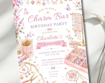 Charm Bar Birthday Invitation, Charm Bracelet Party Invite, Editable 5x7 Canva Template, Jewelry Making Girls' Party, Bead Bar Invitation