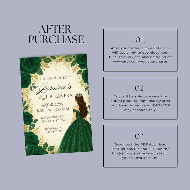 May include: A green and gold Quincea&ntilde;era invitation with a cartoon illustration of a girl in a green dress. The text reads "You are invited to Jessica's Quincea&ntilde;era May 18, 2025 8:00 PM - 12:00 AM 123 Anywhere St. Any City, ST 12345 RSVP Maria (123) 456-7890".