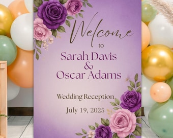 Letrero de bienvenida para boda con flores moradas, plantilla editable de Canva, decoración bohemia con acuarela para eventos, descarga instantánea, letrero romántico de lavanda imprimible