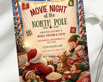 Christmas Movie Night Invitation, North Pole Pajama Party Invite, Holiday 5x7 Canva Template, Cozy Winter Sleepover, Family Film Night