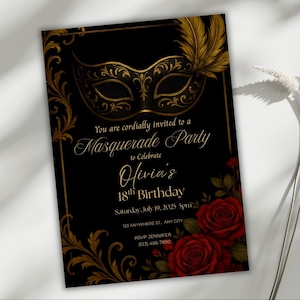 Maskerade editierbare Einladung, Elegante Schwarz & Gold Maske Geburtstag Party Vorlage, Phantom Ball Thema Evite, 5 x 7 printable, Instant Download