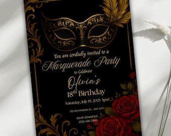 Masquerade Editable Invitation, Elegant Black & Gold Mask Birthday Party Template, Phantom Ball Theme Evite, 5x7 Printable, Instant Download