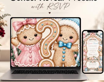 Gender Reveal Digital Invitation, Gingerbread Christmas Gender Reveal Invite, 3 Page Canva Website with RSVP & Registry