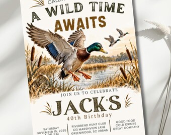 Duck Hunting Birthday Invitation, Hunting Party Invite for Men, Editable Mallard Birthday Card, Adult Hunter Party, Canva 5x7 Template