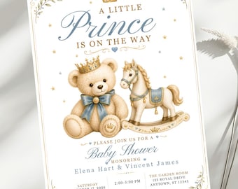 Prince Baby Shower Invitation, Little Prince Teddy Bear Invite, Rocking Horse Baby Shower, Editable 5x7 Canva Template, Baby Boy