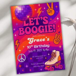 Convite de aniversário retrô disco, modelo de convite editável para festa no Canva, tema de patins dos anos 70, design neon vibrante, download digital