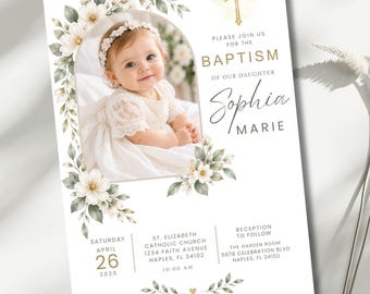 Photo Baptism Invitation, Editable Christening Invitation Template, Catholic Baptism Invite with Photo, Gold Cross 5x7 Canva Invitation