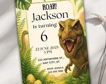Inbjudan till dinosauriefödelsedag, redigerbar dinosauriefestinbjudan, anpassningsbar Canva-mall för barnfest, direkt nedladdning, utskrivbar Evite