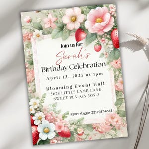 Strawberry Birthday Invitation, Berry Sweet Editable Canva Template, Printable Birthday Invite, Digital Download for Birthday Celebrations