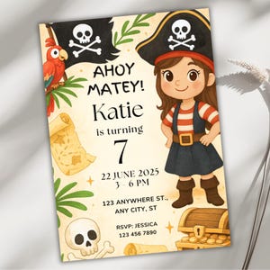 Faire-part d'anniversaire pirate fille, Ahoy Matey Party inviter, modèle de toile modifiable Evite, fête du trésor pirate pour tout âge, téléchargement numérique