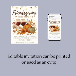 Puede incluir: Una invitaci&oacute;n para una Noche de Vinos de Acci&oacute;n de Gracias, con dos copas de vino, calabazas y follaje de oto&ntilde;o. El texto dice "Friendsgiving Wine Night" e incluye detalles del evento. Un smartphone muestra la misma invitaci&oacute;n.