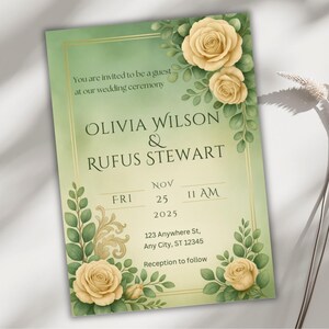 May include: Wedding invitation with a green and gold watercolor design. The invitation includes the names Olivia Wilson and Rufus Stewart, the date, time, and location. Floral accents and decorative text complete the design.