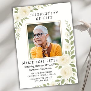 Modèle d'invitation célébration de la vie, faire-part numérique pour les funérailles, éviction pour un service commémoratif, faire-part de décès modifiable, téléchargement immédiat