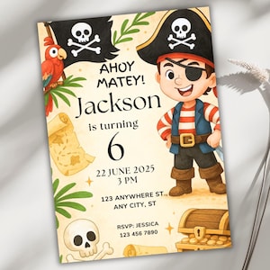 Invitación pirata para niños, descarga digital editable, invitación imprimible para fiesta de cumpleaños, plantilla de Canva de mapa del tesoro para niños