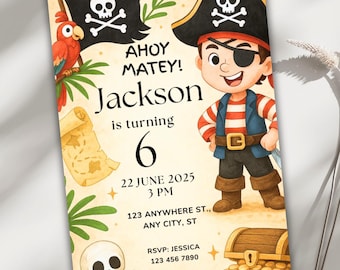 Invitación pirata para niños, descarga digital editable, invitación imprimible para fiesta de cumpleaños divertida, plantilla de mapa del tesoro para niños en Canva.