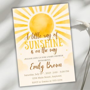 Ein kleiner Sonnenstrahl-Babypartyeinladung, bearbeitbare Canva-Vorlage, geschlechtsneutrale Babyparty, Sonnenthema einladen, digitaler Download