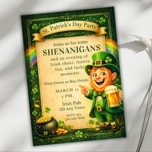 Op de afbeelding: Uitnodiging voor een St. Patrick's Day-feest met een groene rand en een illustratie van een leprechaun. De uitnodiging bevat de tekst "SHENANIGANS" en details van het evenement, zoals datum, tijd en locatie.
